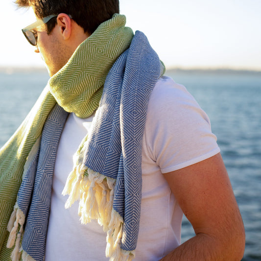 Trocadero Blanket Scarf Denim Blue and Olive Green - HAMAMINGO