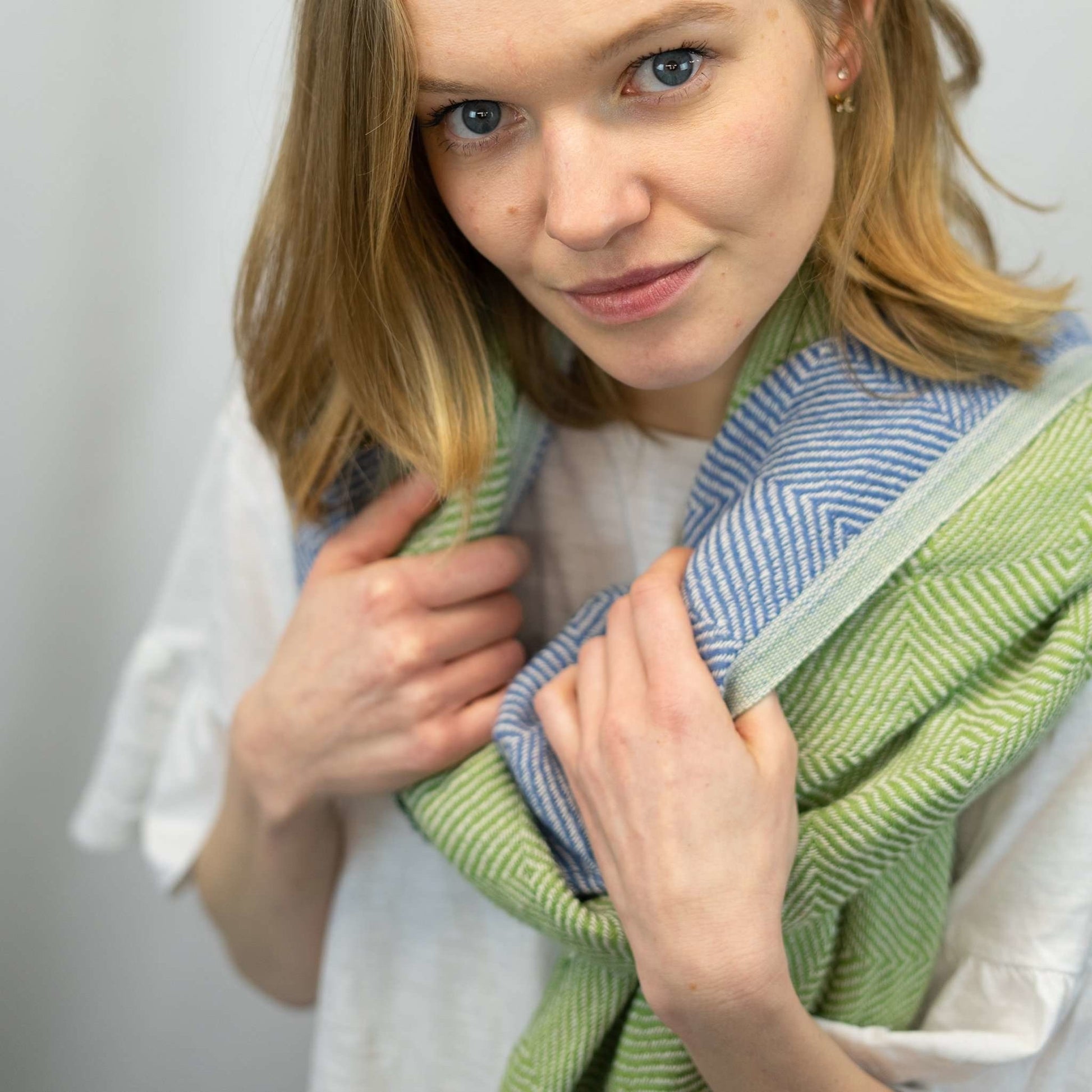 Trocadero Blanket Scarf Denim Blue and Olive Green - HAMAMINGO