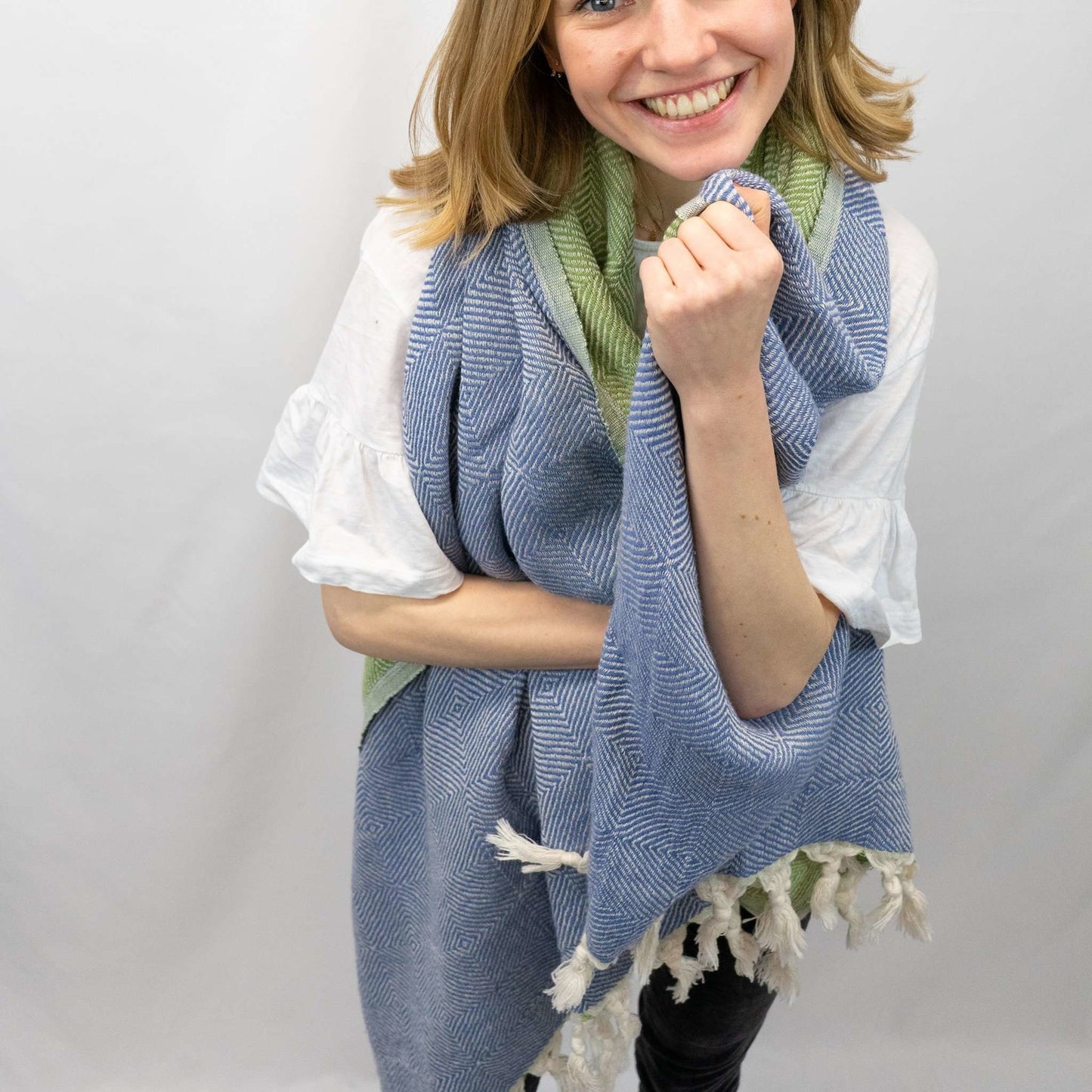 Trocadero Blanket Scarf Denim Blue and Olive Green - HAMAMINGO