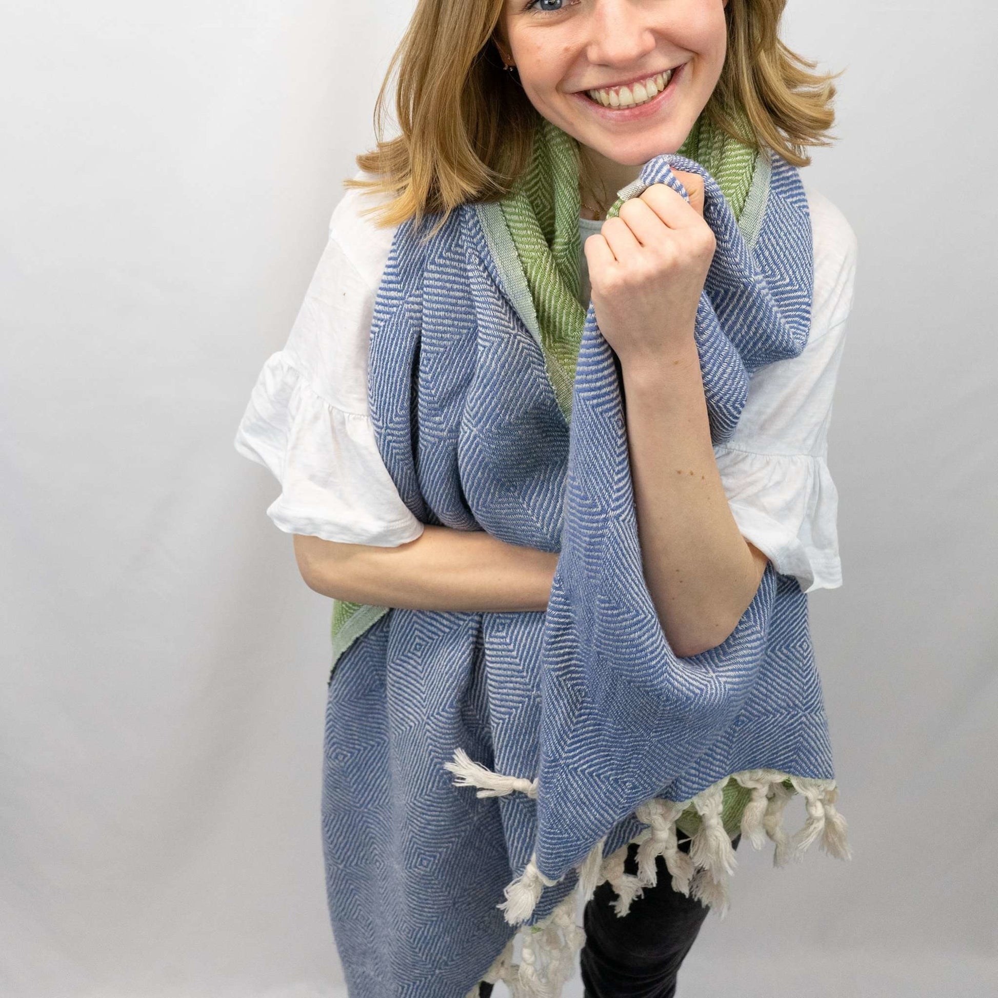 Trocadero Blanket Scarf Denim Blue and Olive Green - HAMAMINGO