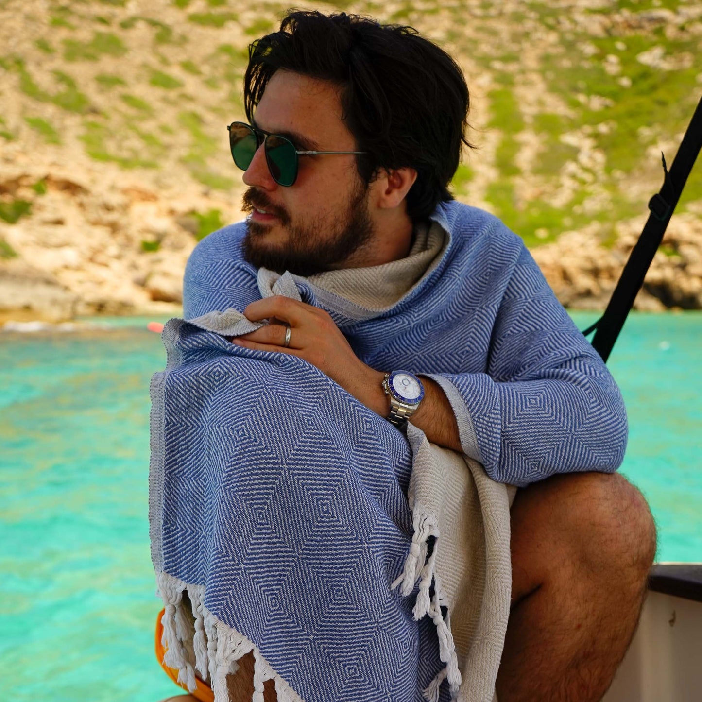 Trocadero Towel Denim Blue & Beige - HAMAMINGO