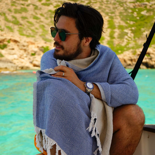 Trocadero Towel Denim Blue & Beige - HAMAMINGO