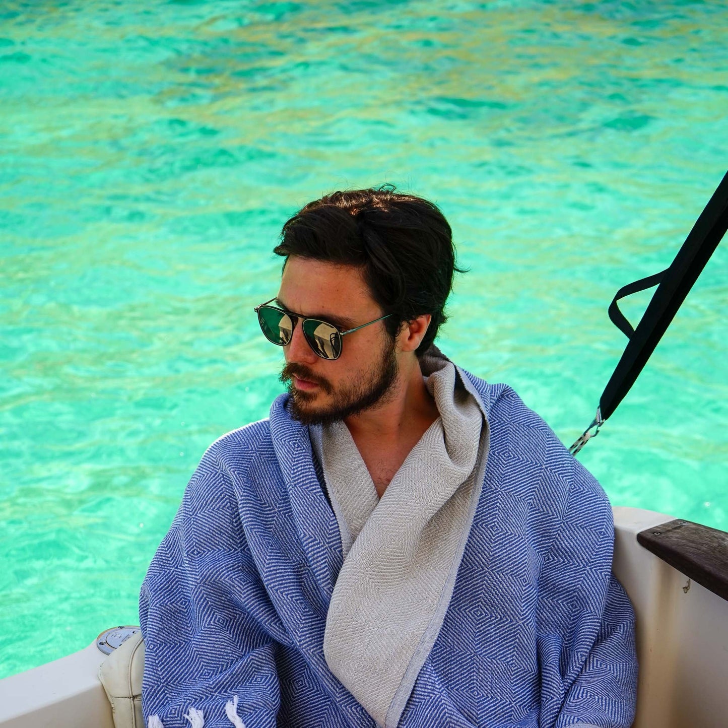 Trocadero Towel Denim Blue & Beige - HAMAMINGO