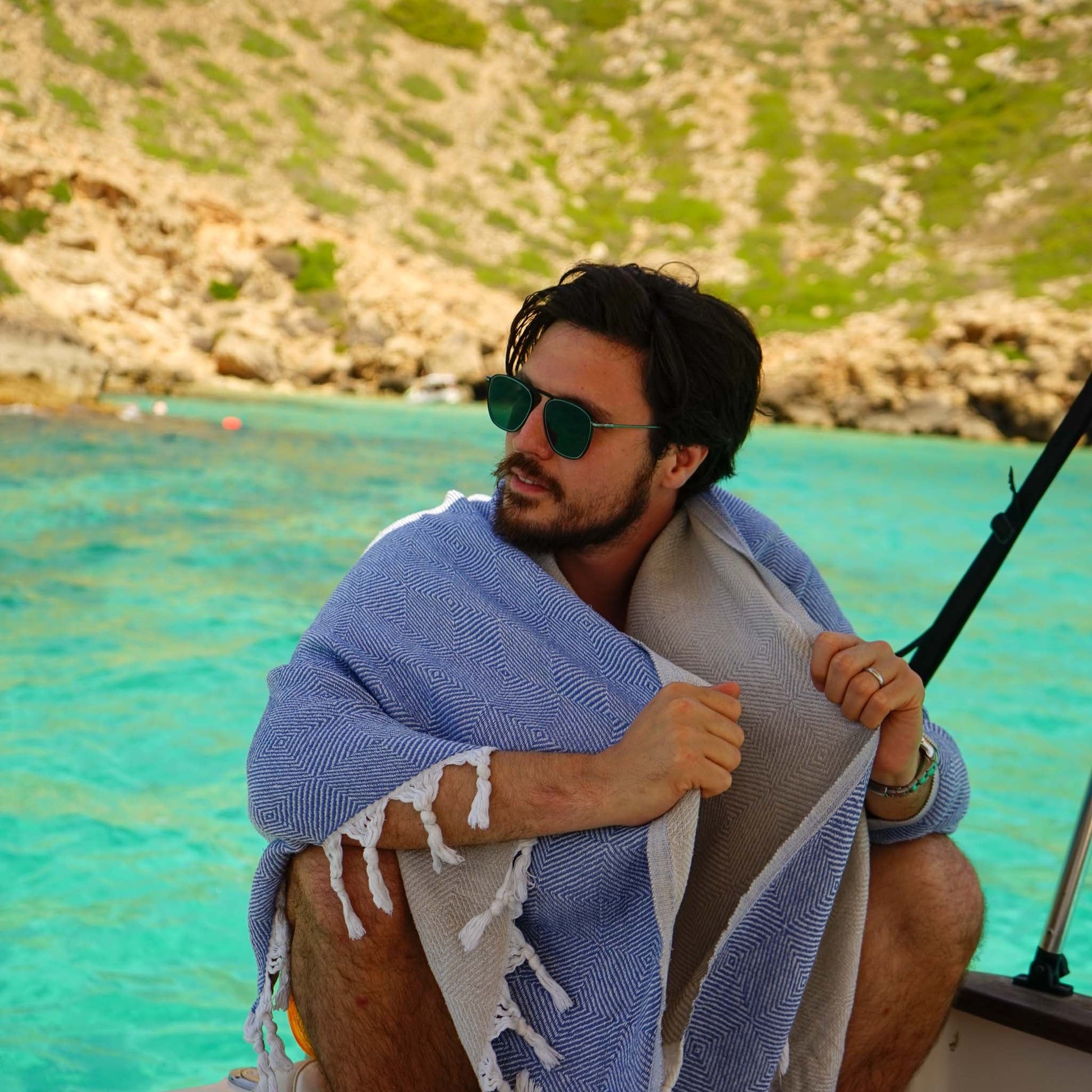 Trocadero Towel Denim Blue & Beige - HAMAMINGO