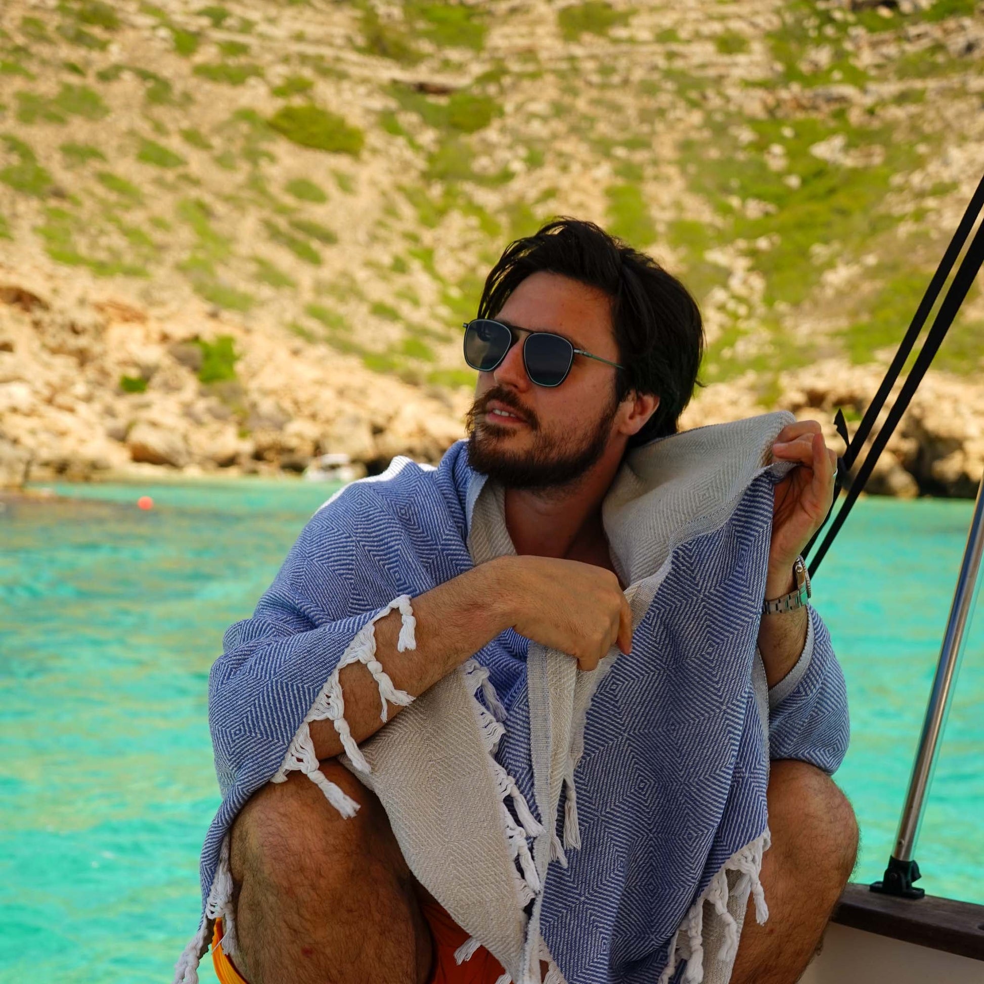 Trocadero Towel Denim Blue & Beige - HAMAMINGO